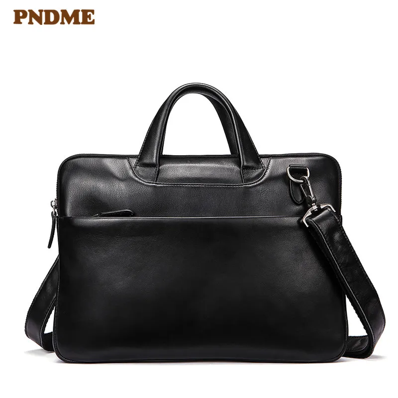 PNDME, черный, натуральная кожа, мужской, женский, деловой портфель, Повседневный, простой, мягкий, Воловья кожа, для ноутбука, сумка на плечо, маленькая, для работы, сумки