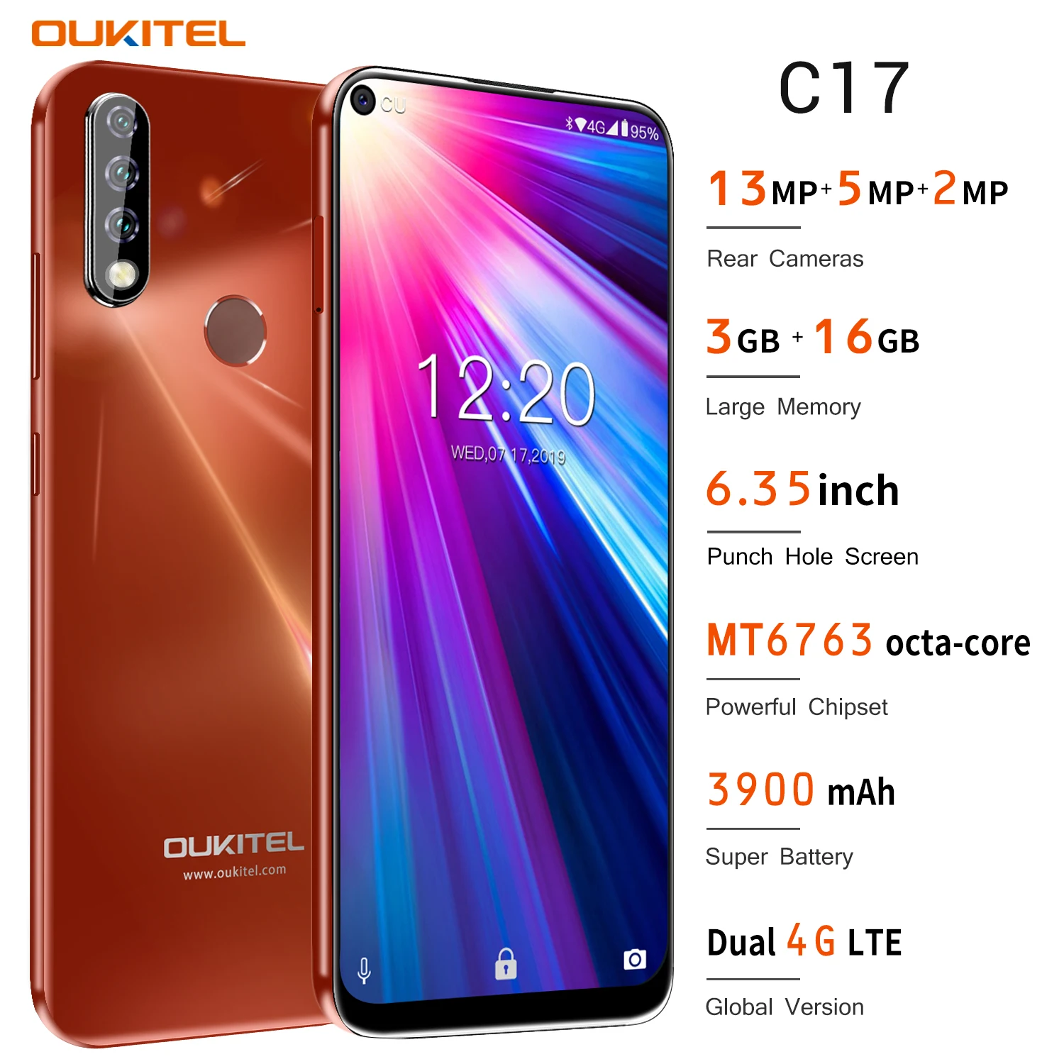 4G мобильный телефон OUKITEL C17 Android 9,0 смартфон 6,35 ''распознавание лица отпечаток пальца Восьмиядерный 3 Гб 16 Гб 3900 мАч Тройная камера MT6763