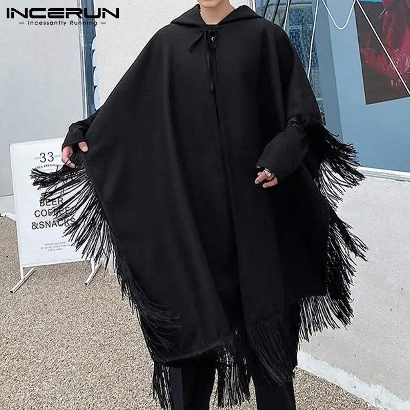

Красивая хорошо облегающая Новая мужская шаль с бахромой в Корейском стиле средней длины однотонная свободная накидка с капюшоном