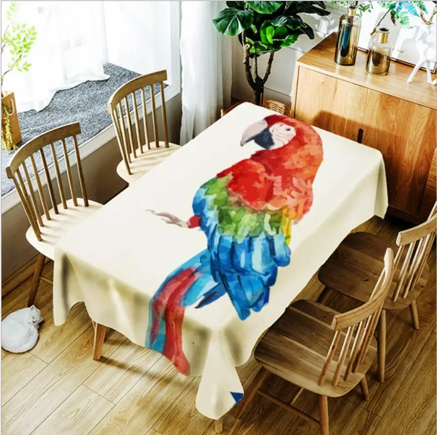 

New Watercolor Parrot Animal Digital Printing Polyester Waterproof Tablecloth Washable Cotton Dustproof Rectangular Table Cloth