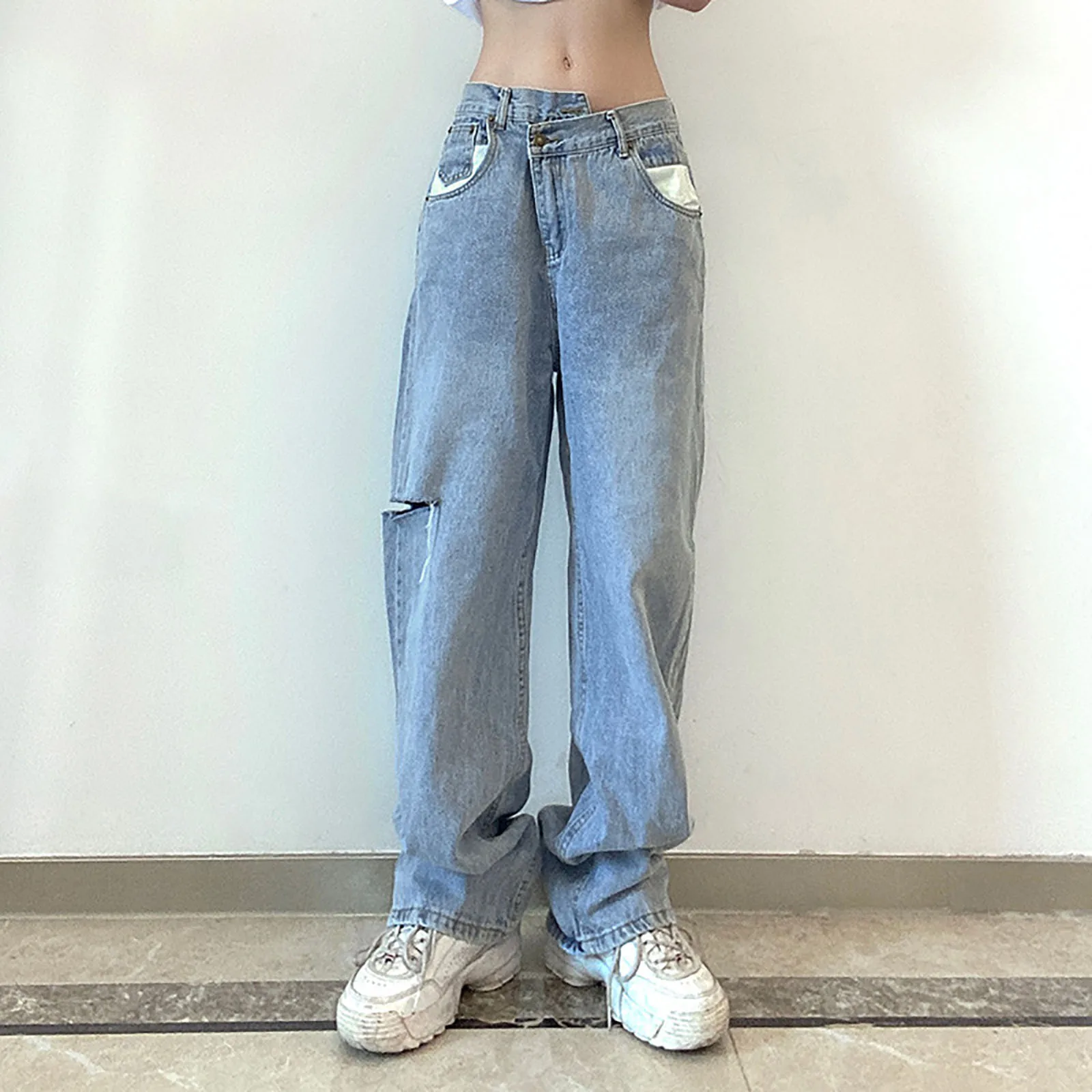 

Women's Jeans High Waist Wide Leg Denim Clothing Autumn New Casual Trousers Knee Hole Straight Wash Jeans 2021 New Vintage R5