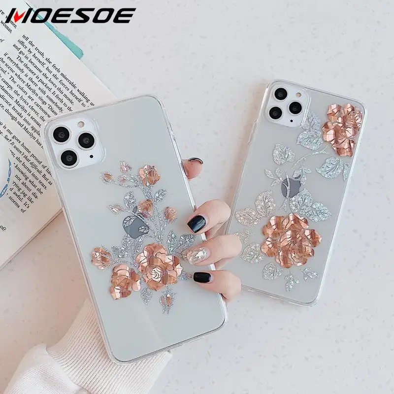 For iPhone 11 Pro Max XS XR X 8 7 Plus Gold Rose Gradient Glitter Leaf Clear Case Soft Transparent Cover |