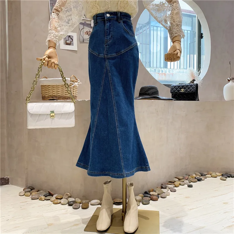 

Новая нишевая дизайнерская женская одежда, осень 2021, дизайнерская джинсовая юбка А-силуэта средней длины с высокой талией и оборками