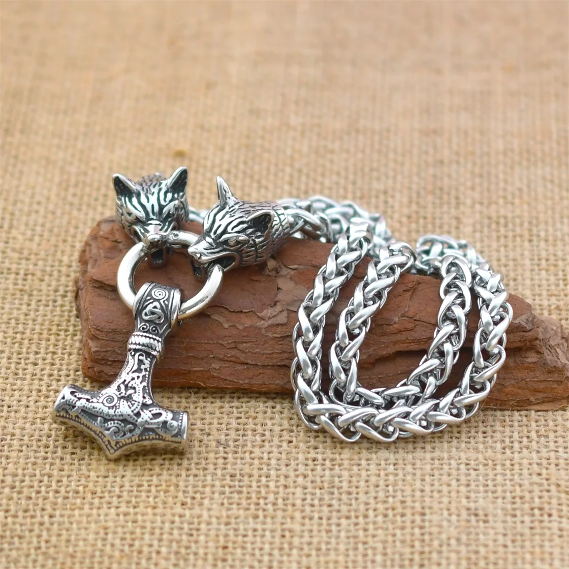 

Domineering Men Viking Hammer Pendant Necklace Stainless Steel Wolf Head Chain Necklace Retro Viking Jewelry