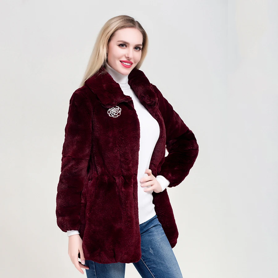 ZDFURS*real fur coat  High Quality Genuine Rex Rabbit Fur coat jacket with diamonds buttoon Natural Real Fur Coat Warm Lapel