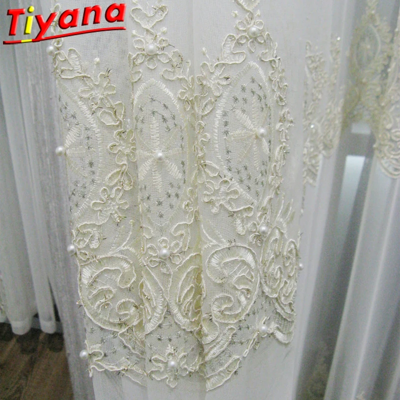 

Luxury Pearls Embroidered Tulle Curtains for Living Room Flowers Rope Embroidery Gauze Window Drapes for Bedroom X-HM426#30