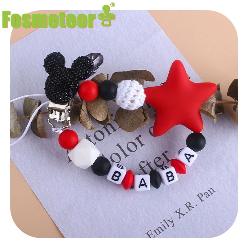 

Fosmeteor Baby Mouse Pacifier Clip Chain Personalized Name Dummy Silicone Teething Beads No BPA Baby Birthday Shower Gift