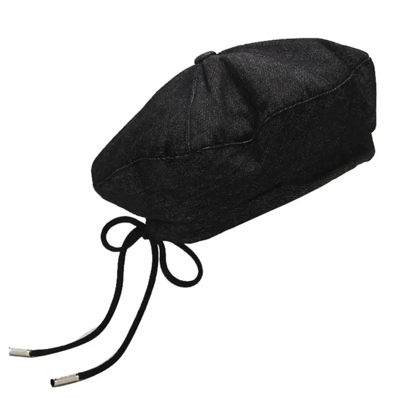 Женский хлопковый берет из джинсовой ткани Кепка-бини с лентой и бантом на