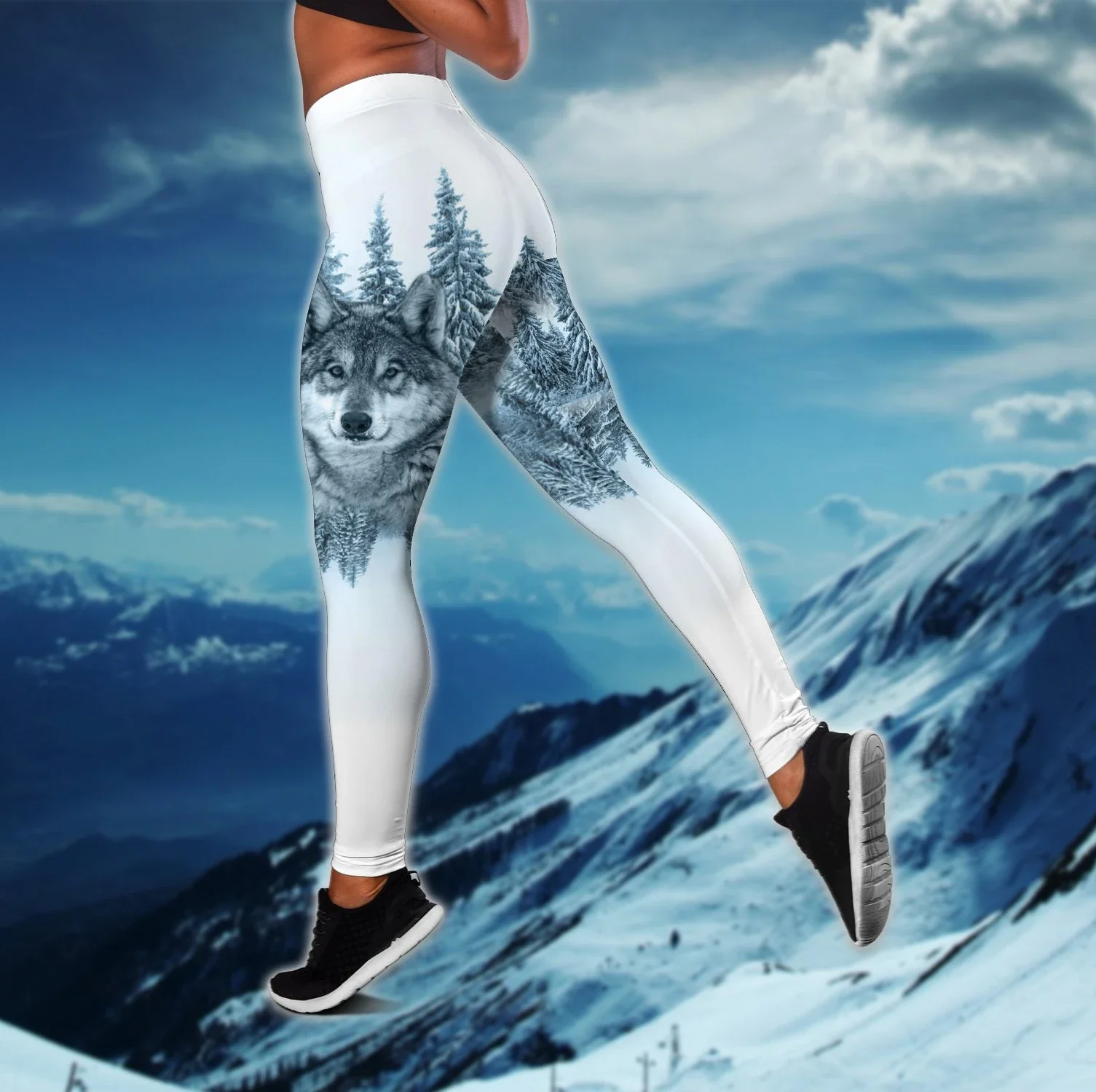 

US Size White Wolf Animal Two Piece Yoga Set Women 3D Print Vest Hollow Out Tank Top High Waist Legging Summer Casual Sport