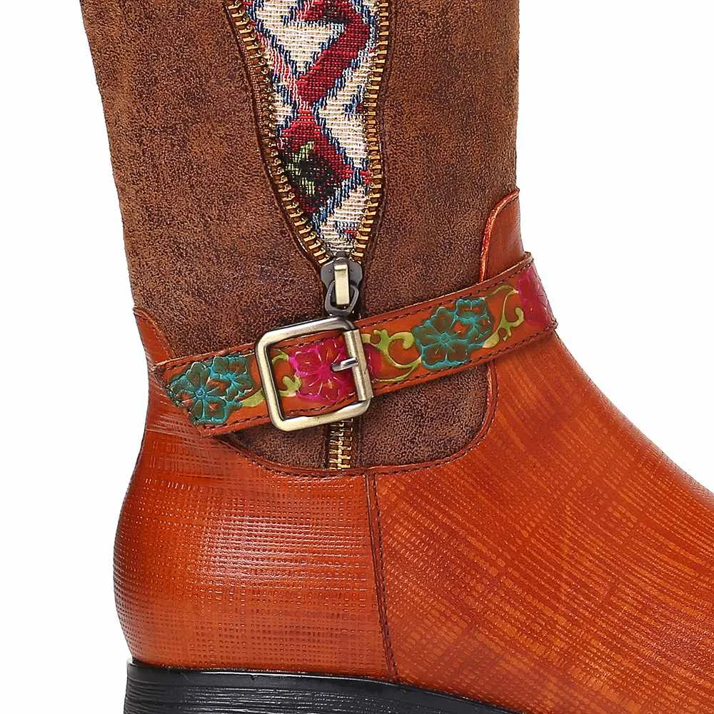 SOCOFY Botas mujer; ботинки из натуральной кожи с квадратным узором; ботинки до середины икры на мягкой плоской подошве; обувь на каблуке; женская зимняя обувь