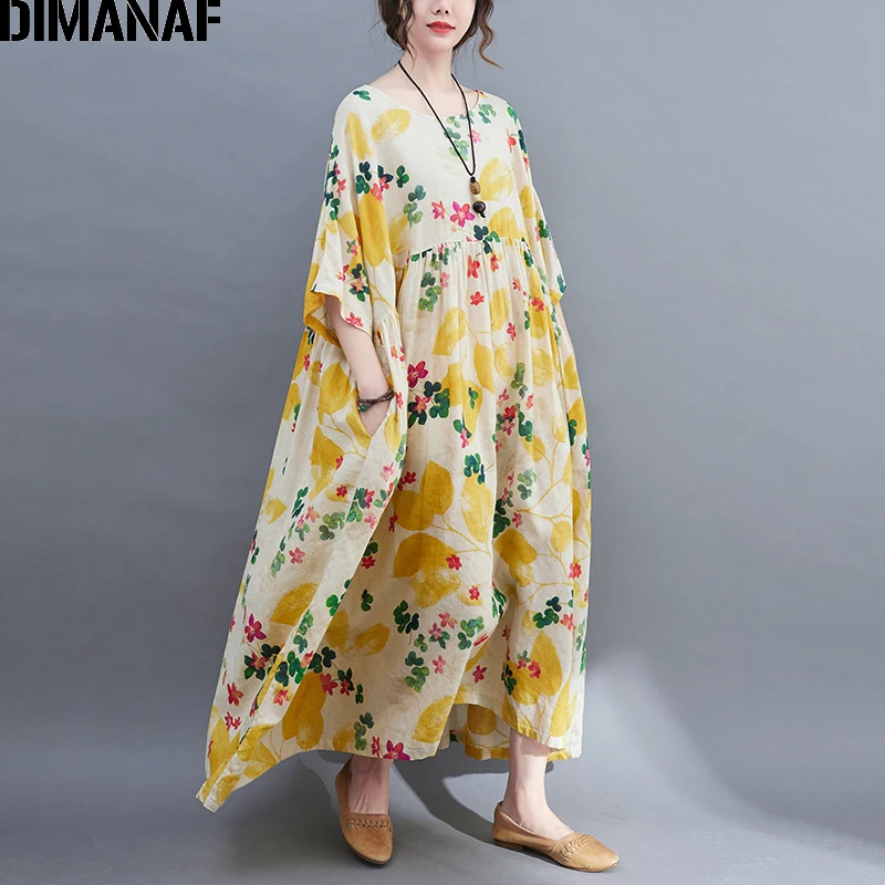 

DIMANAF 2022 Oversize Summer Dress Sundress Beach Floral Women Vestido Fashion Lady Long Dress Casual Cotton Oversize