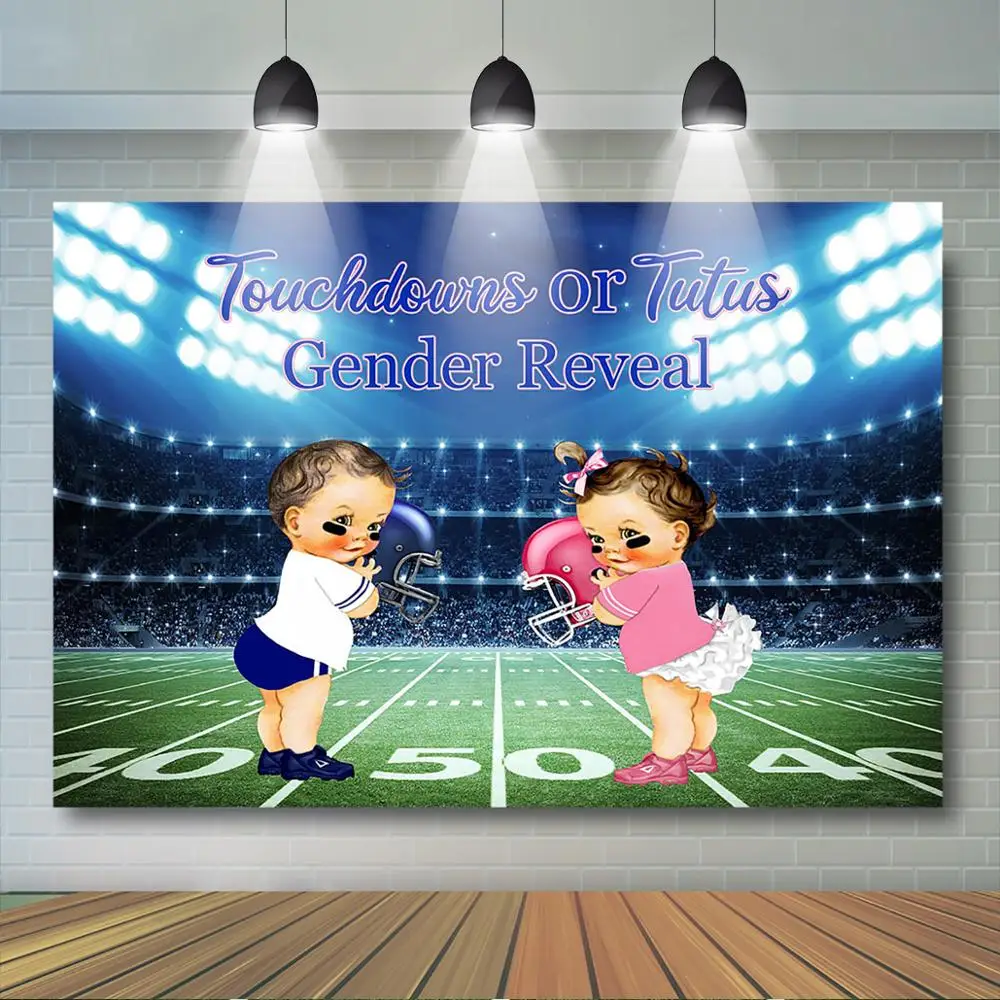 Enlarge Touchdown or Tutus Gender Reveal Backdrop Boy or Girl Baby Shower Photography Background Sport Theme Gender Surprise Party Decor