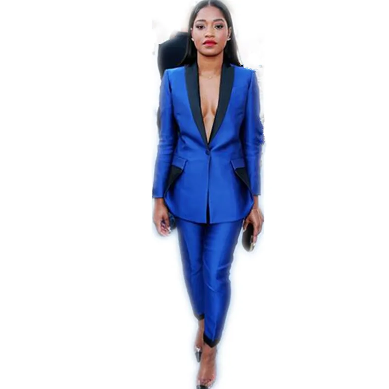 

New Spring Winter Formal Royal Bule Women Pant Suits Ladies Office Uniform Style Elegant Work Clothes Black Lapel Custom Made