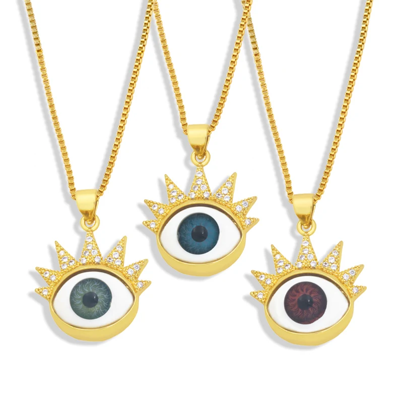 

FLOLA Gold Chain Resin Evil Eye Pendant Necklace Copper CZ White Stone Gold Plated Short Necklace Jewelry For Women nkey52
