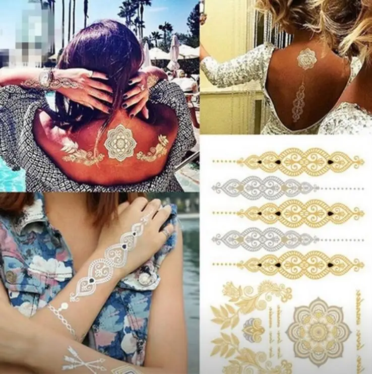 Сексуальная Золотая временная татуировка Ожерелье Браслеты тату металлическая