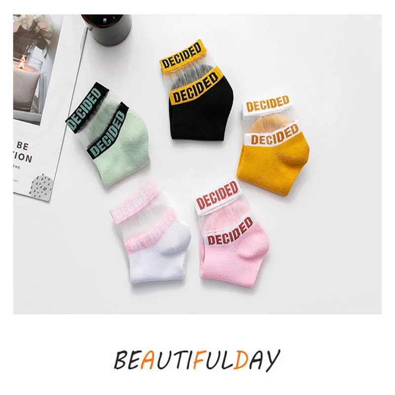 

Женские ультратонкие чулки на весну и лето, хлопковые прозрачные носки с надписью и кристаллами