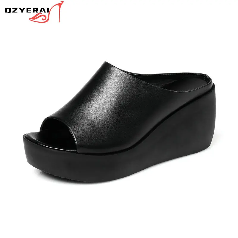 

2021 New Summer Style Women Slippers Genuine Leather Wedge European Sandals 100% Cowhide Outdoor Beach Slippers