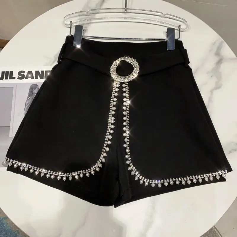 

2021 Spring New Arrivals Solid Color Nature Waist Pearl Nailed Bead Edge Fake Two Pieces Shorts womens shorts clothes