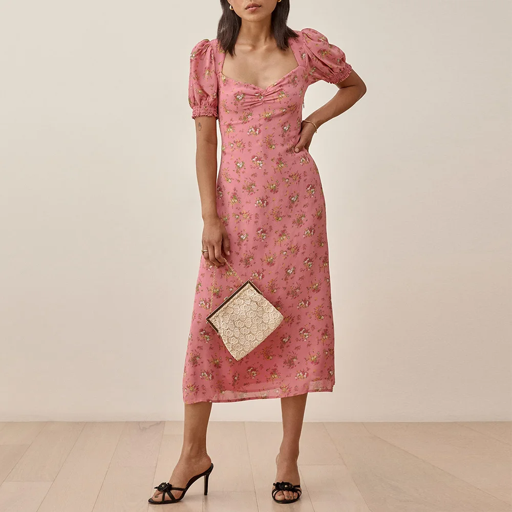 

Summer Clothes For Women Sweetheart Neck Short Puff Sleeve Floral Chiffon Midi Dress Back Lace Up Party Vintage Elegant Dress