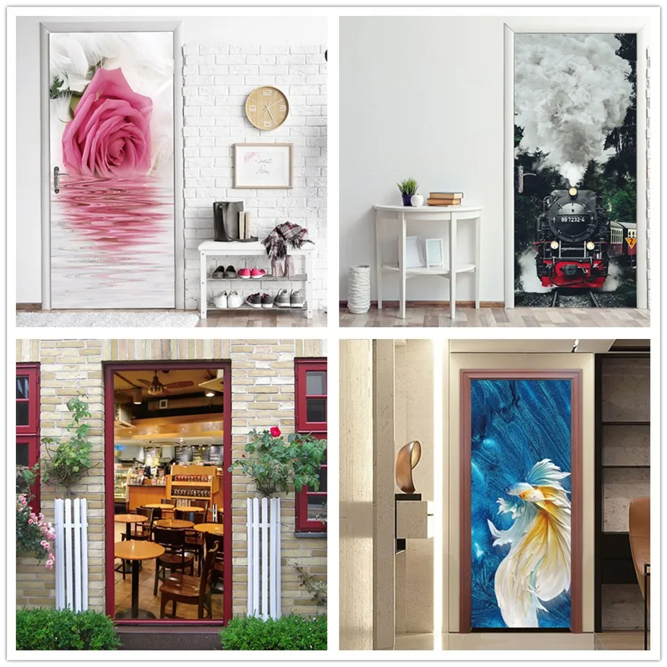 Наклейка на дверь со шлейфом и треками самоклеящаяся Съемная наклейка обои с