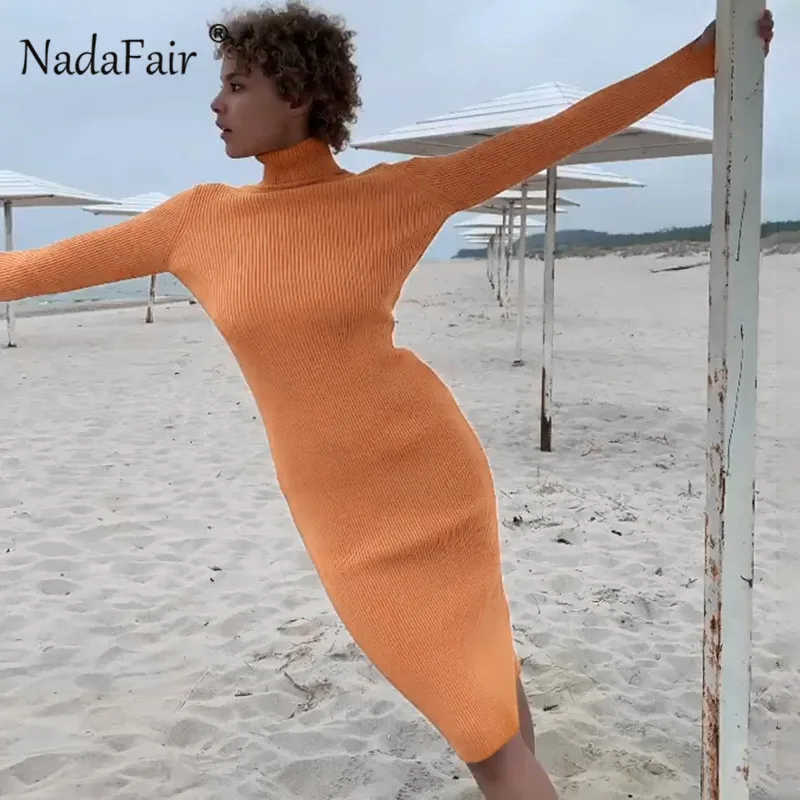 

Nadafair Turtleneck Long Sleeve Ribber Knitted Midi Dress Women Sexy Backless Bodycon Autumn Winter Basic Slim Woman Dress