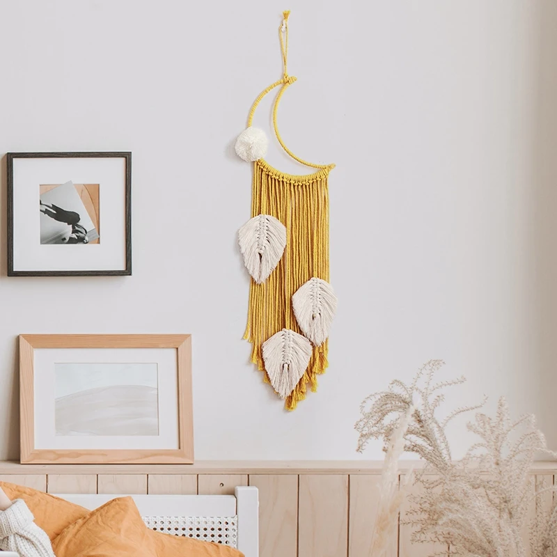 

2 PCS Yellow Boho Handmade Macrame Wall Hanging Moon Dream Catchers Woven Leaves Tapestry Ornament Home Decor Craft Gift