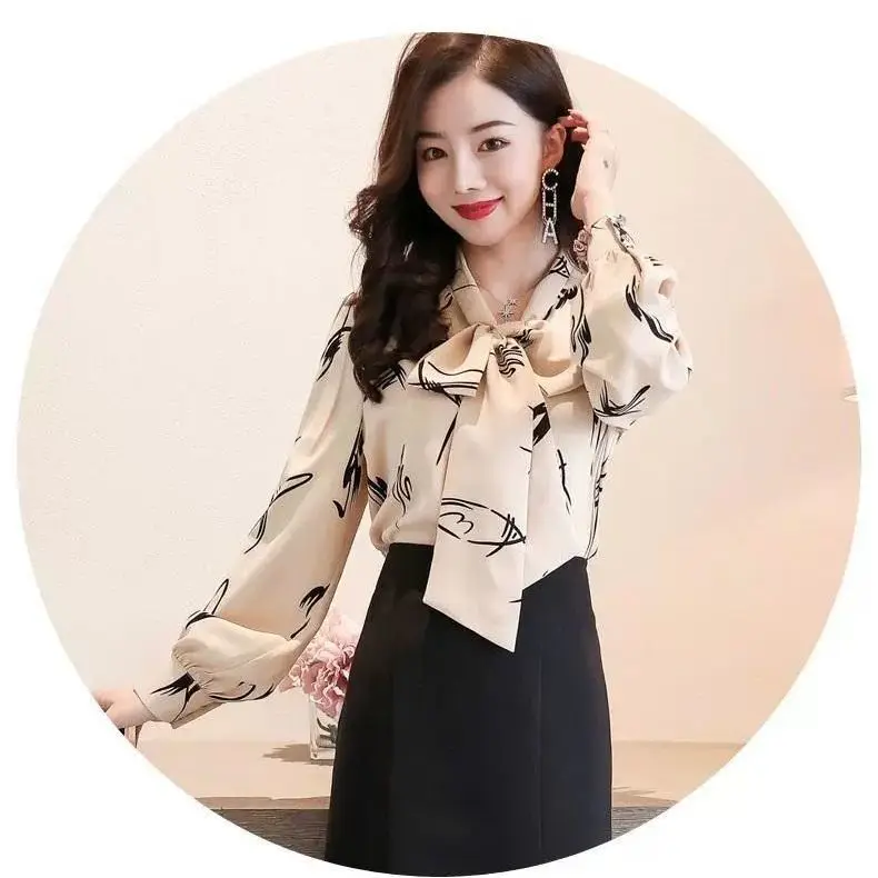

New fashion 2021 spring and autumn chiffon shirt long-sleeved loose-fitting belly slimming printed western-style blouse casual