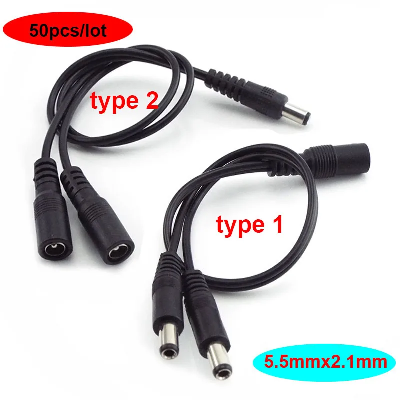 

50pcs 5.5mmx2.1mm 1 to 2 Way 12V DC Power Splitter Cable Male Female Jack Plug Connector Wire for LED Lamp Strip CCTV Camera