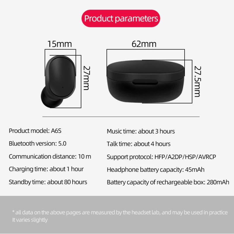 

A6S TWS Wireless Headphone Bluetooth Earphone Stereo Sound HIFI Headset Bloototh Earbuds for Xiaomi IPhone Huawei Samsung