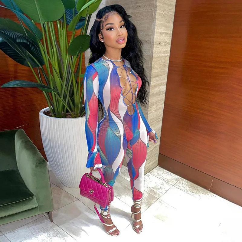 

Y2K Fashion Casual Sexy Mesh Patchwork Jumpsuit For Women Autumn New 2021 Casual Hollow Out Bandage Streetwear Female Romper Hot
