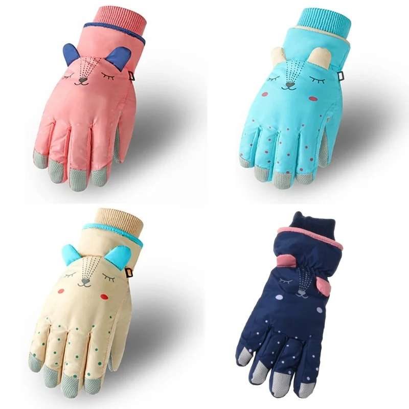 

Children Kids Winter Waterproof Snow Gloves Solid Color Cartoon Ears Thermal Insulated Windproof Sport Snowboard Ski Wrist