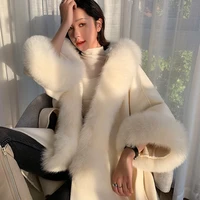 genuine luxury ladies fur jacket fox fur coat hooded long sleeves real fox fur collar oversize woolen fur cloaks