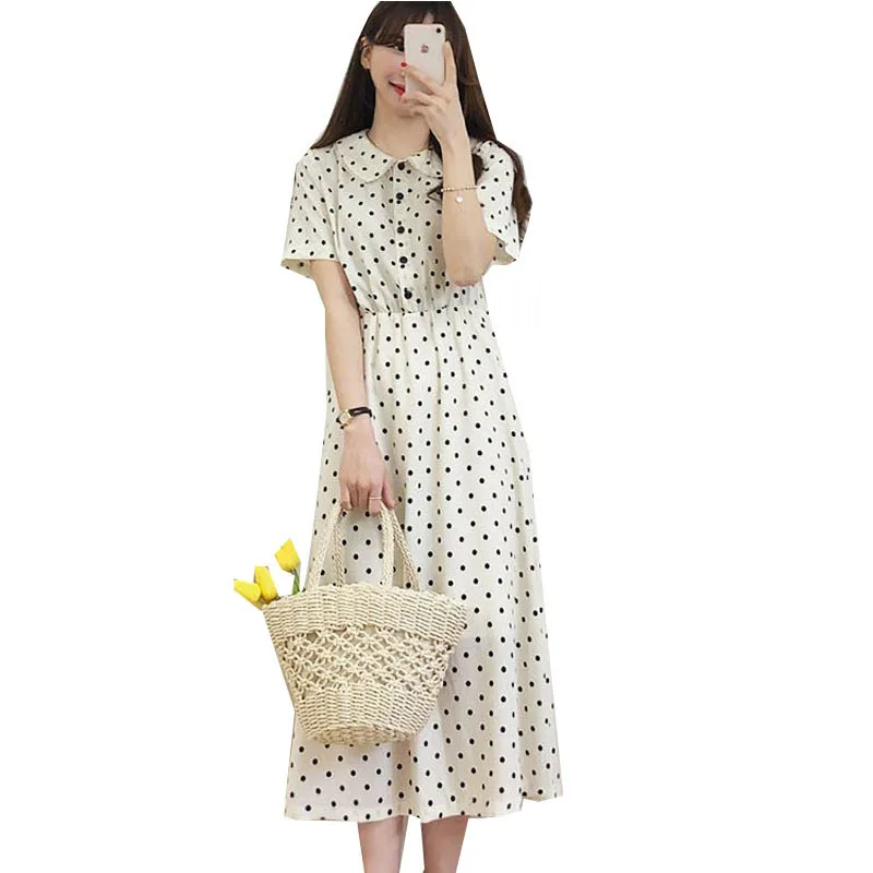 

Sweet Casual Women Dresses Dot Print High Waist Ladies Long Dress Lovely Summer Beach Women Dresses Short Sleeve Dress