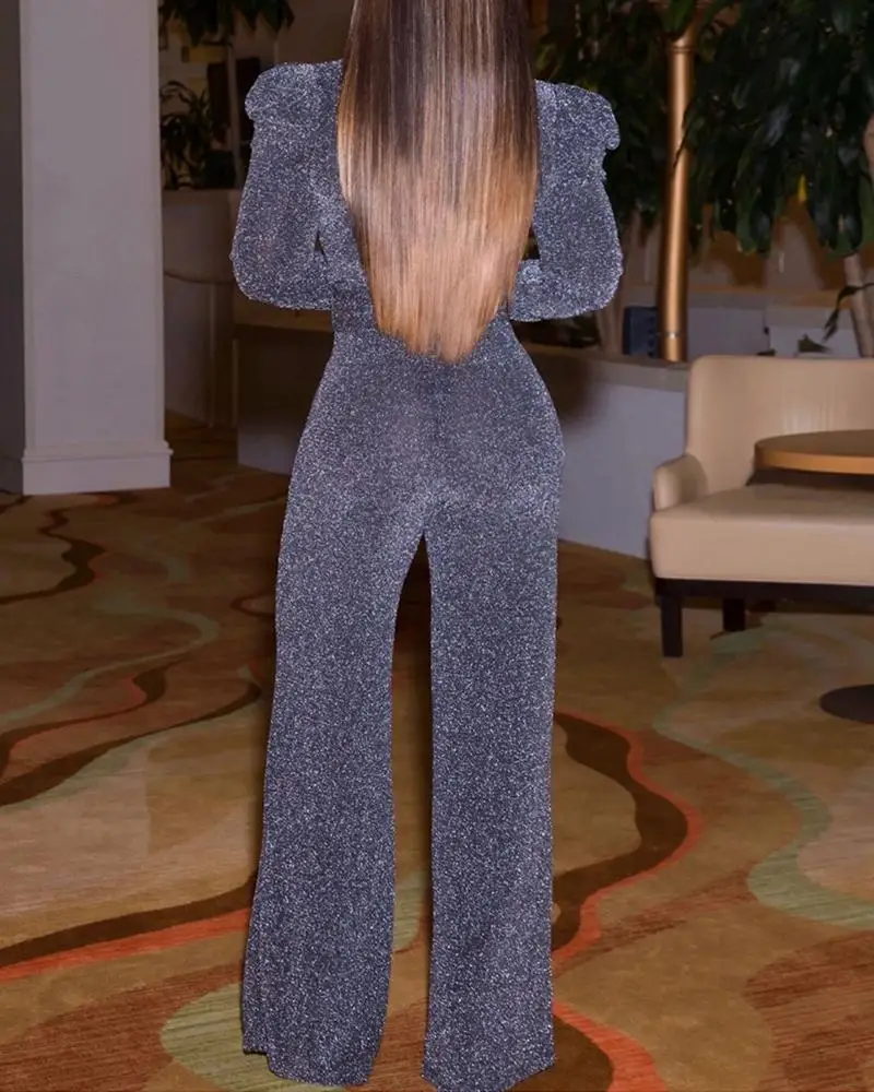 Блестящий Комбинезон с глубоким v-образным вырезом и пышными рукавами длинными