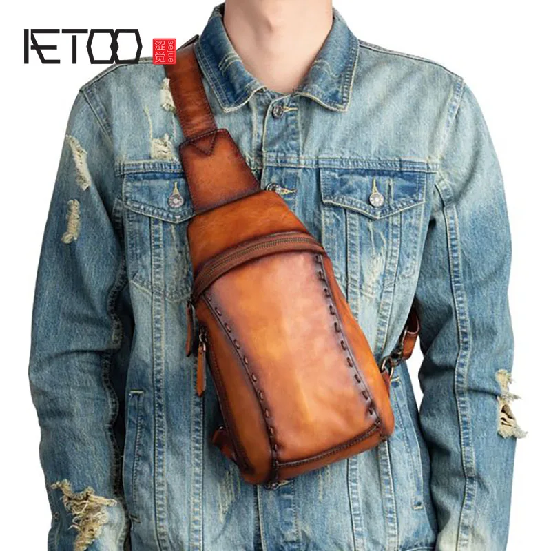 

AETOO Trendy men's leather messenger bag, men's casual shoulder bag, leather men's chest bag