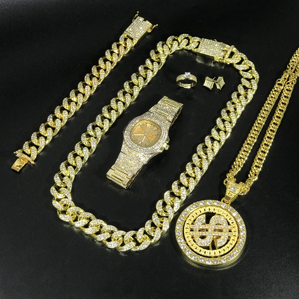 

Luxury Men Gold Color Watch & Necklace& Braclete & Ring & Earrings Combo Set Crystal Miami Dollar Necklace Chain Hip Hop For Men