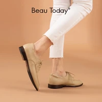 beautoday leather casual shoes women calfskin derby waxing square toe lace up closure female dress flats handmade 21494