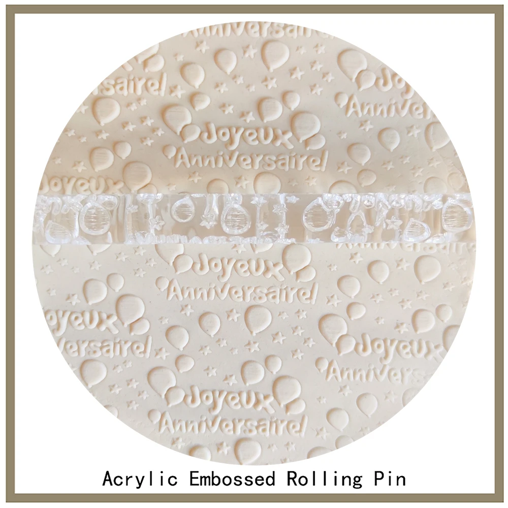 

Fondant Decoration Non-stick Sugar Cookies Clay Art Projects Acrylic 3D Embossed Rolling With Joyeux Anniversaire Pattern