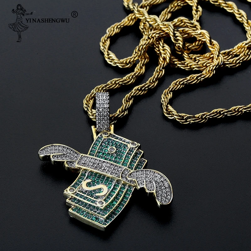 

New Iced Out Flying Cash Solid Pendant Necklace Mens Fashionable Hip Hop Gold Silver Color Charm Chains Jewelry Gifts Colgante