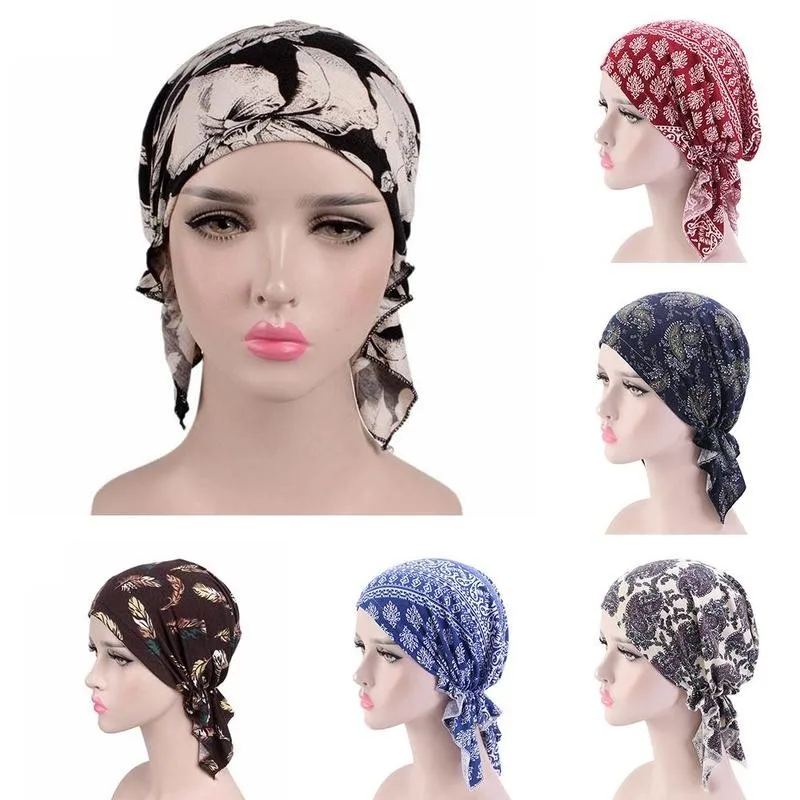 

Women Muslim Head Scarf Bandana Flower Print Hat Turban Wrap Headwear Bandana Hair Cap Pre-Tied Strech Head Loss Cover Scar L9F0