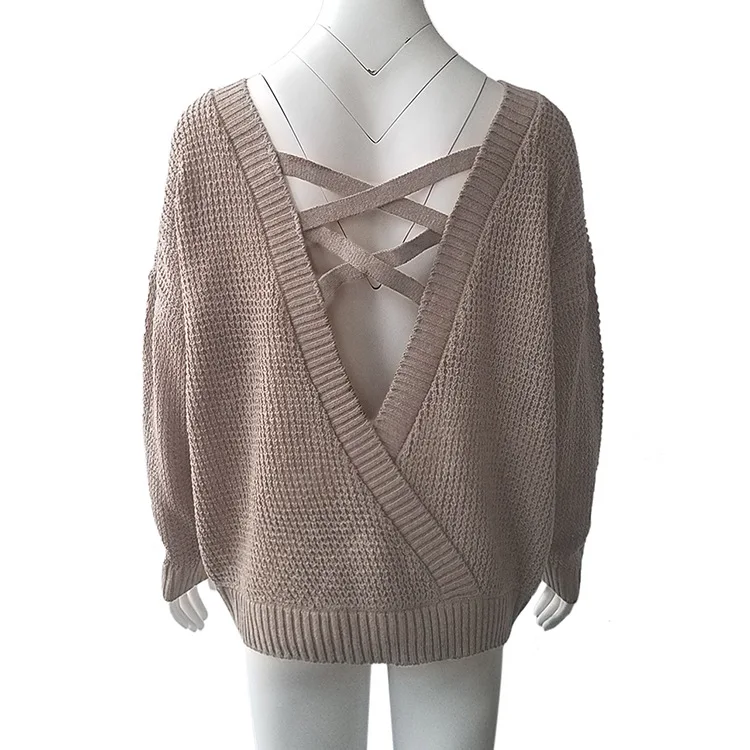 

2019 New Loose Large Size V-neck Sweater Solid Color Bandage Halter Sweater Female Autumn Winter Casual Wear Warming Clothes