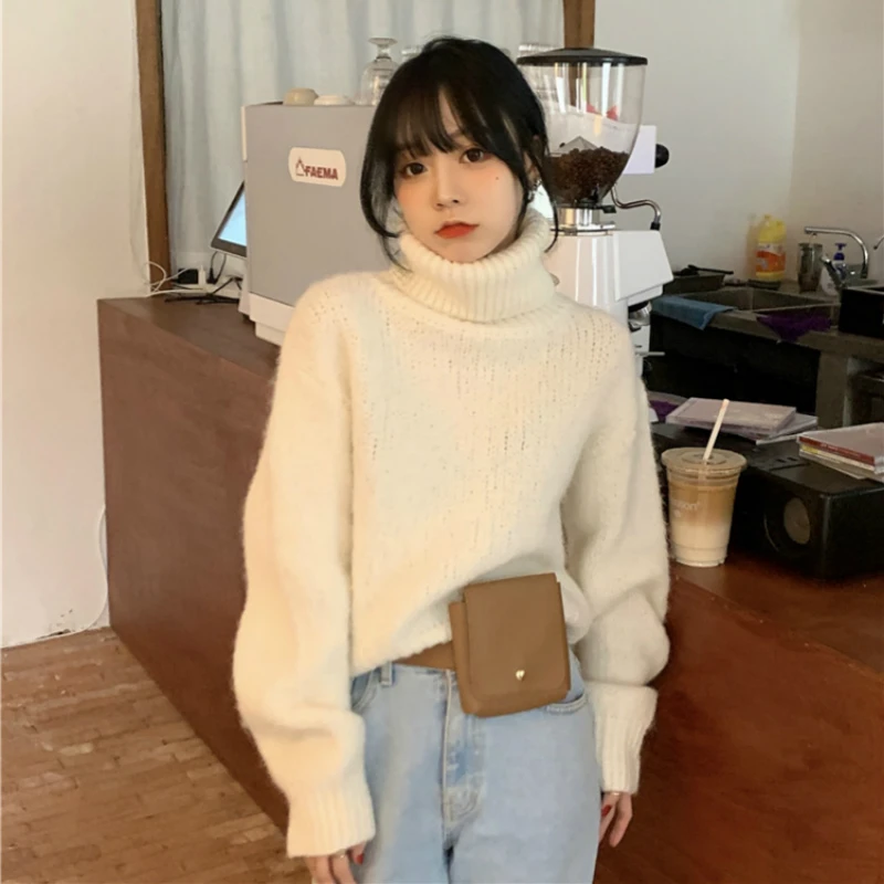 

2020 Women Winter Thick Warm Turtleneck Short Sweater Full Sleeve Loose Knitted Pullover Jumpers