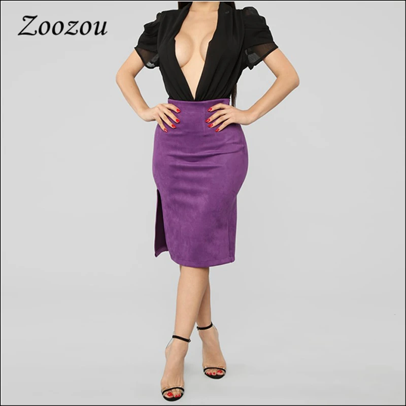 Повседневная фиолетовая замшевая кожаная юбка-карандаш Облегающие юбки до