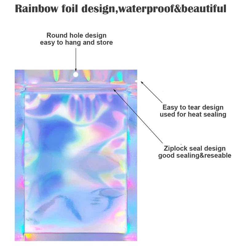

200 PCS Rainbow Pouch Zipper Closure Bags Aluminum Foil Bags Resealable Smell Proof Bags for Food Storage Cookies
