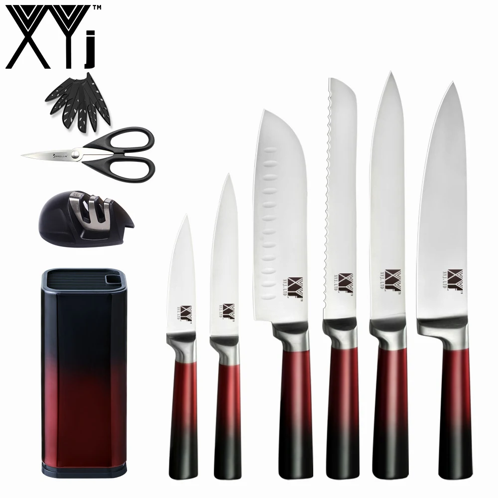 A.9PCS SET XYj кухонные ножи 9 шт. набор из нержавеющей стали поварские ножи точилка инструменты ножницы 8 ''Держатель ножей градиентный цвет кухонный аксессуар - Цвет: A.9PCS SET