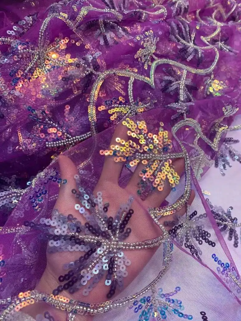 

(5 ярдов/шт.) высококачественные фиолетовые африканские свадебные кружевные блестки, вышитые французские сетчатые кружева для великолевечерние вечернего платья FXZ004