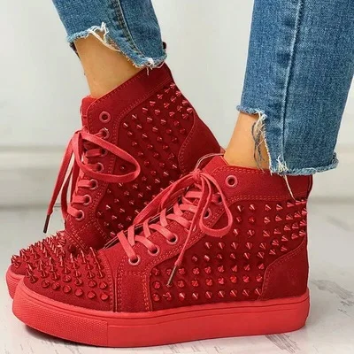 

with shoes thick-soled high Red uppers, water drill rivets, couples' casual Walking sho, flat-soled ties with men's and women's