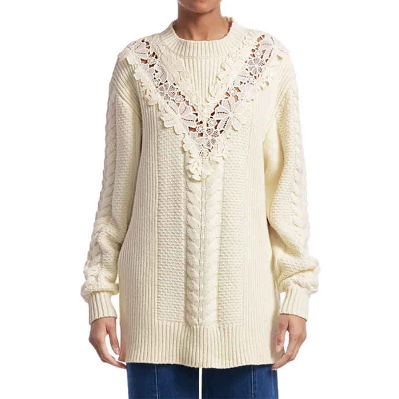 Кружевной Удлиненный свитер с принтом зима 2019 плотный теплый вязаный пуловер