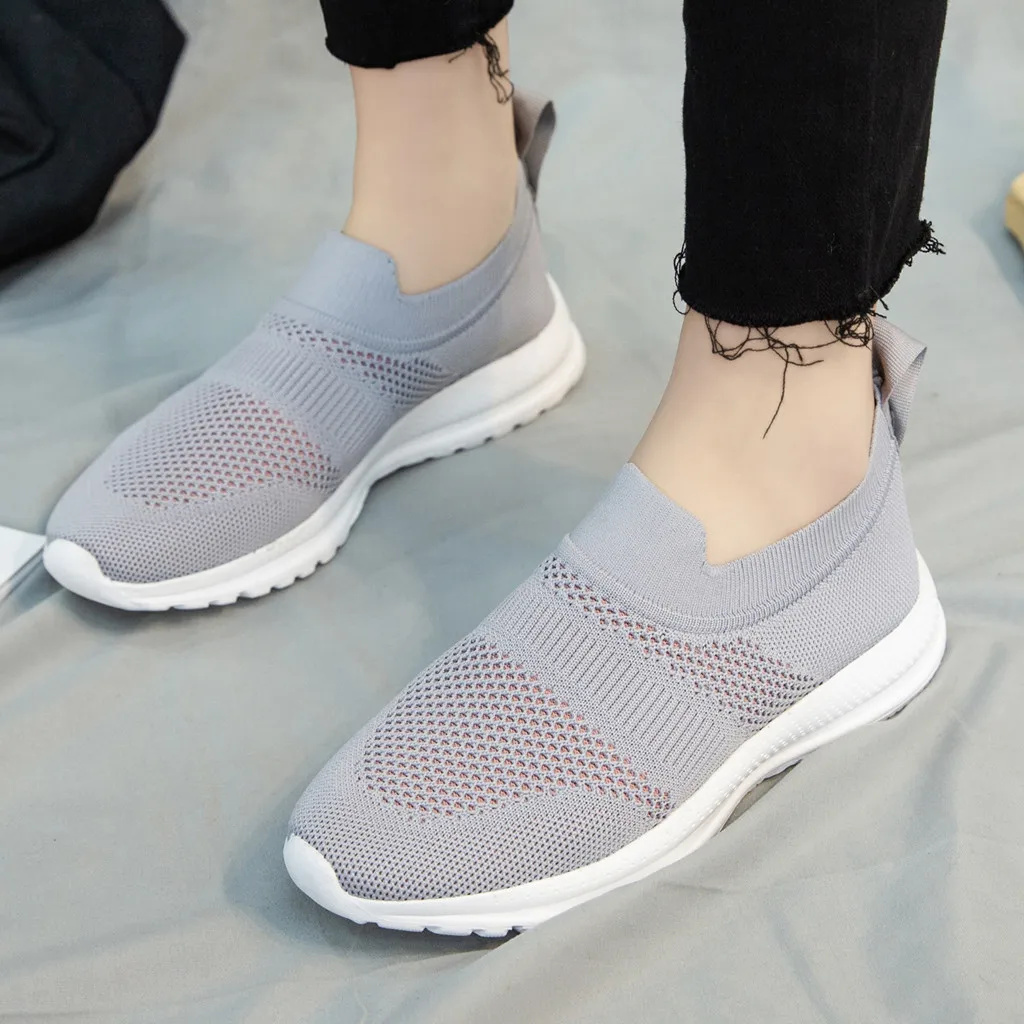 Женские кроссовки сетчатые вязаные ботинки для бега на плоской подошве легкие