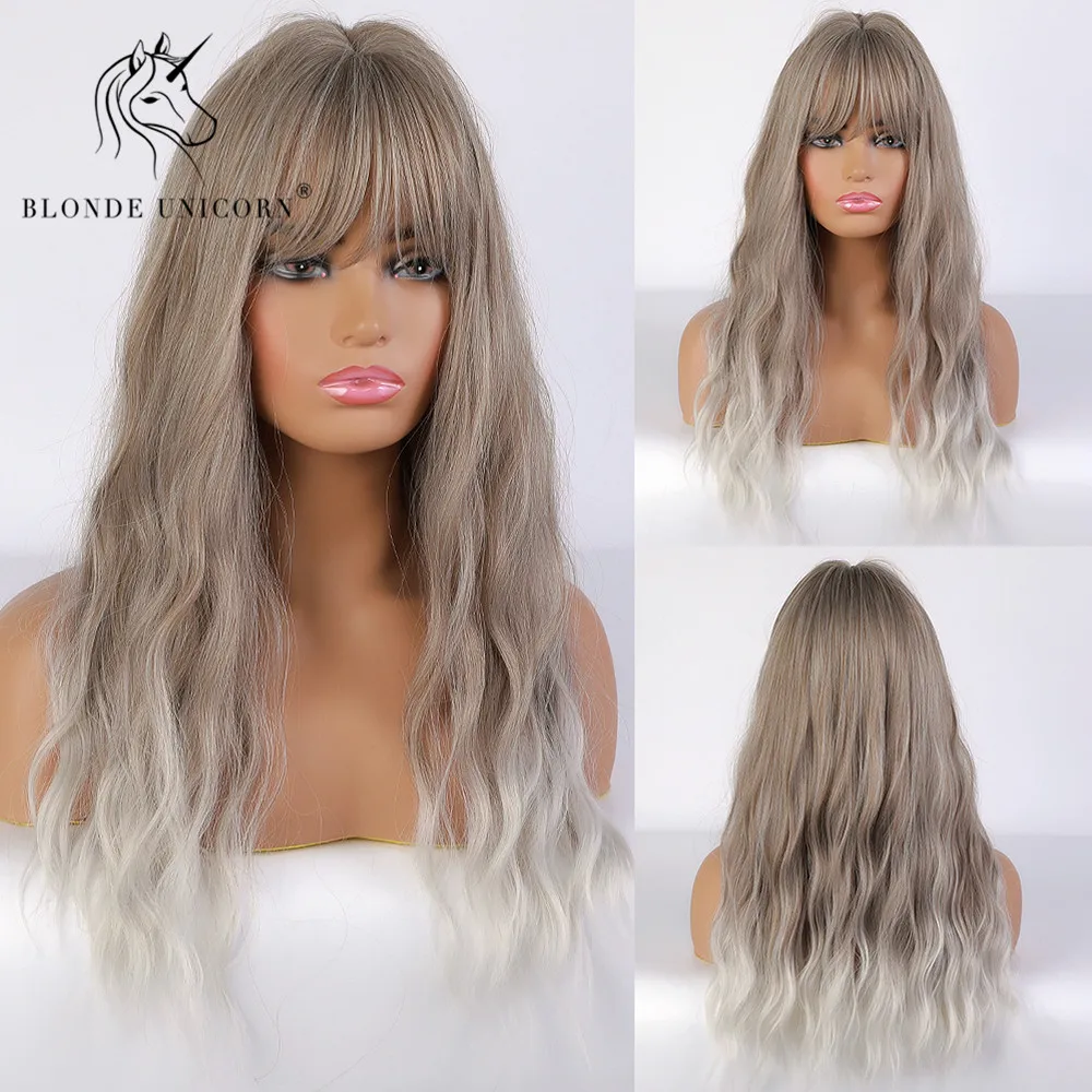 

Blonde Unicorn Long Synthetic Natural Wavy Brown Ombre Light Grey Wig with Bangs Heat Resistant Fiber Hair for Women Daily Wear